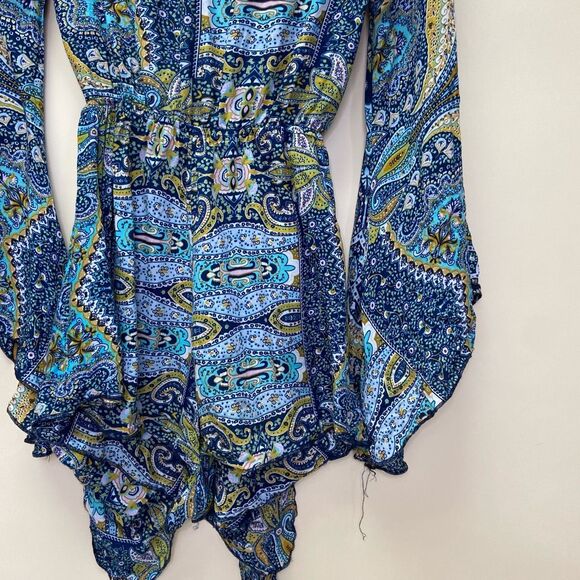 AELSON Blue Tie Front Boho Romper Size S Cut Out Flare Sleeves Paisley - Picture 3 of 8